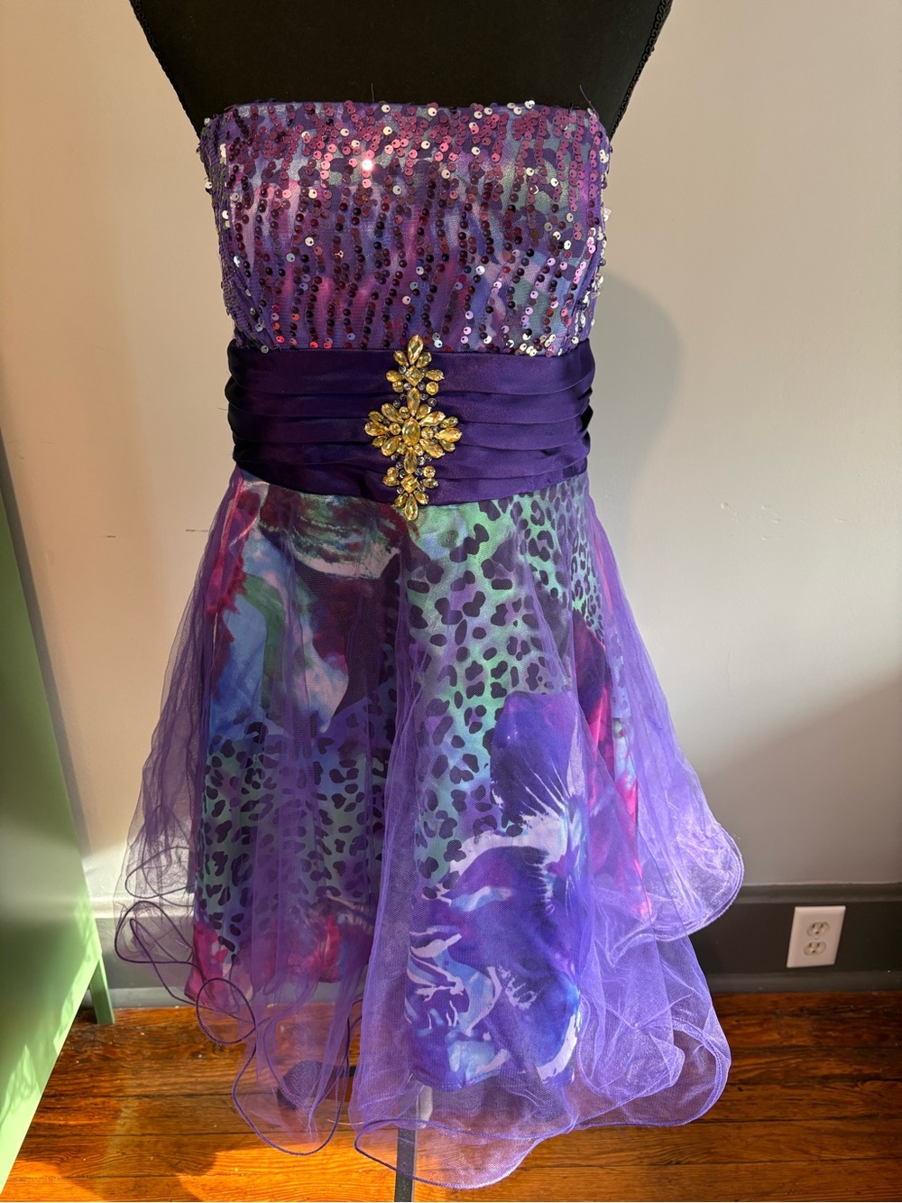 Y2K ‘McBling’ Prom Purple Sequin Costume Dress with Floral Skirt. By Deb